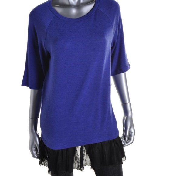 IMPULSE Blue Black Lace-Trim Long knit Top