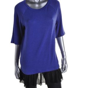 IMPULSE Blue Black Lace-Trim Long knit Top