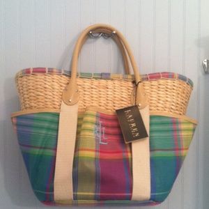 Ralph Lauren Madras and Straw Bag  NWT