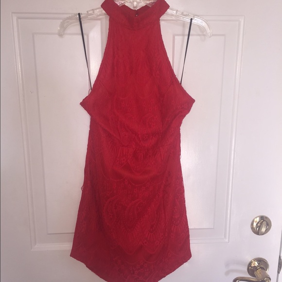 Red lace high neck dress with a dropped back