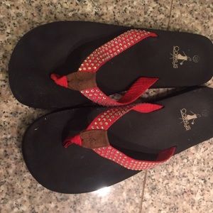 Red flip flops with rhinestones