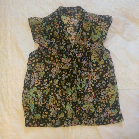 Sheer black floral sleeveless ruffled blouse VGUC - Picture 1 of 4
