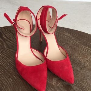 JCrew red suede ankle strap heels