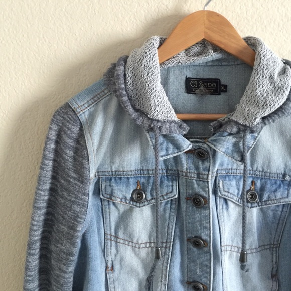 denim jacket with knit sleeves and hood
