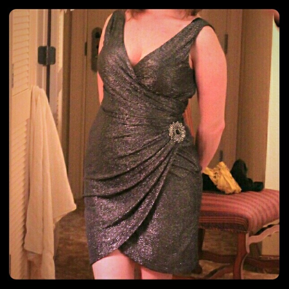 Metallic foil faux wrap cocktail dress EUC - Picture 1 of 4