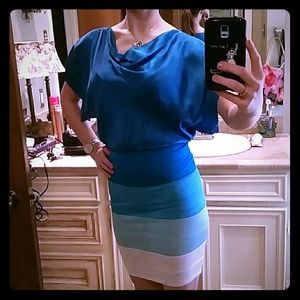 bebe Fitted teal/white dress with baggy blue top