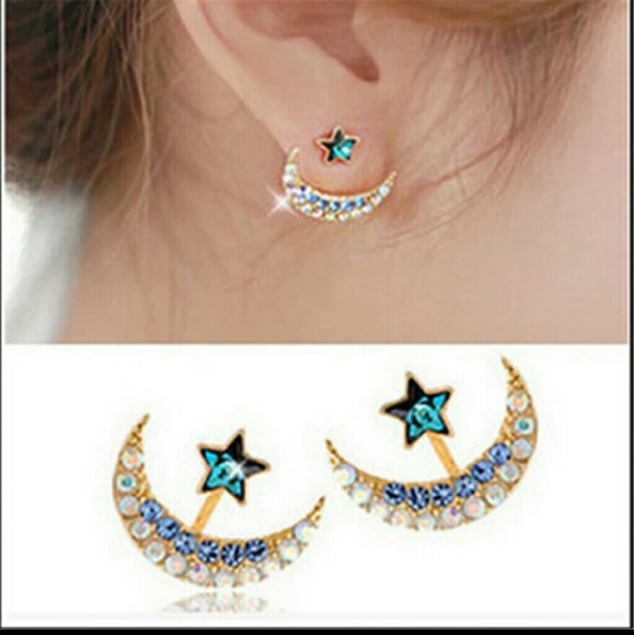 Jewelry - BLUE CRYSTAL STAR AND MOON JACKET EARRINGS