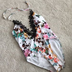 1 Piece Floral Halter Bathing suit w/lace detail