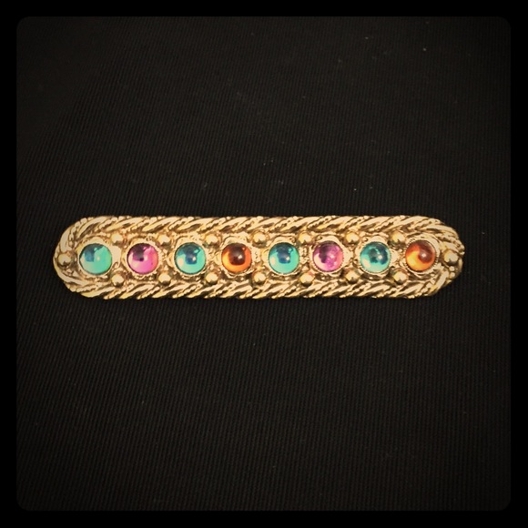Vintage Bar Brooch Gold Tone with Colored Stones
