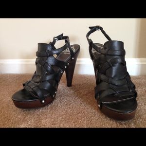 Black faux leather Fergie strappy heels