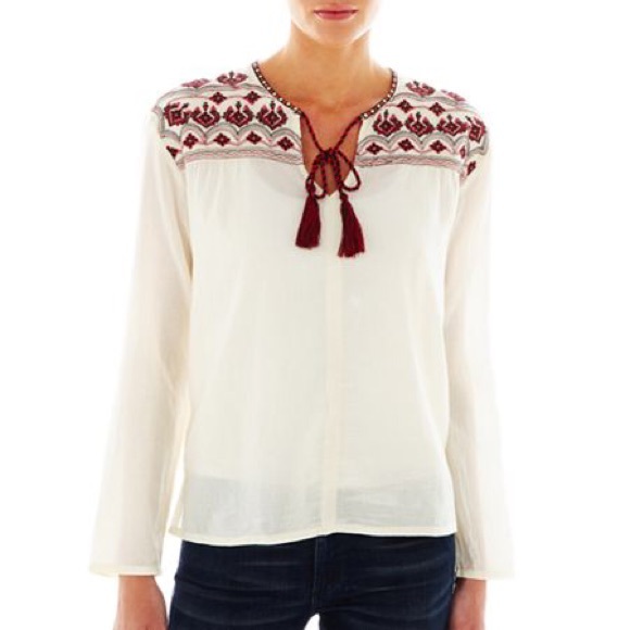 MNG Mango Embroidered Peasant Blouse