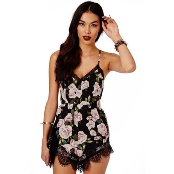 Pants - ❌SOLD❌ Black Floral and Lace Romper