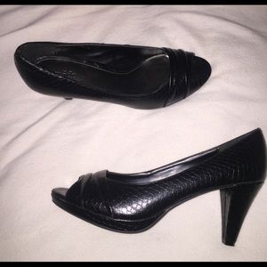 Black Snake Print Peep Toe Heels