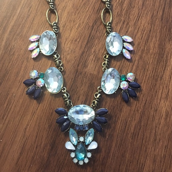 Garden Statement Bib Necklace Blue Green Brass - Picture 2 of 3