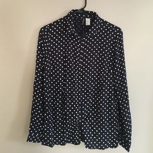 Long Sleeved Button Down Navy & White Polka Dot