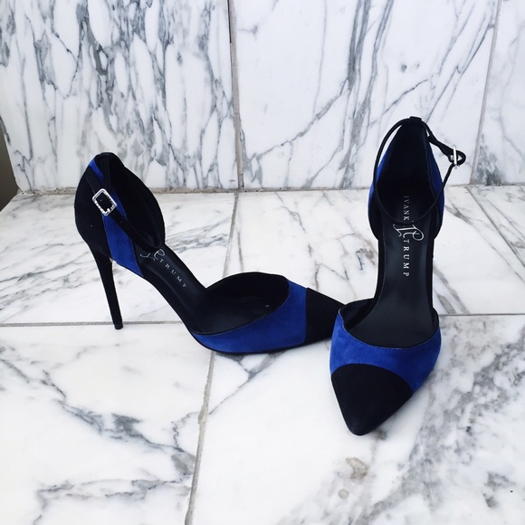 Ivanka Trump blue and black ankle strap heels