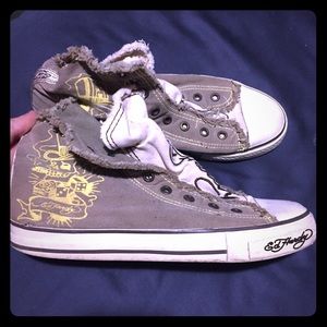 high top laceless sneakers