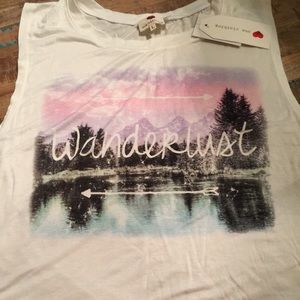 Crop tank large says wanderlust