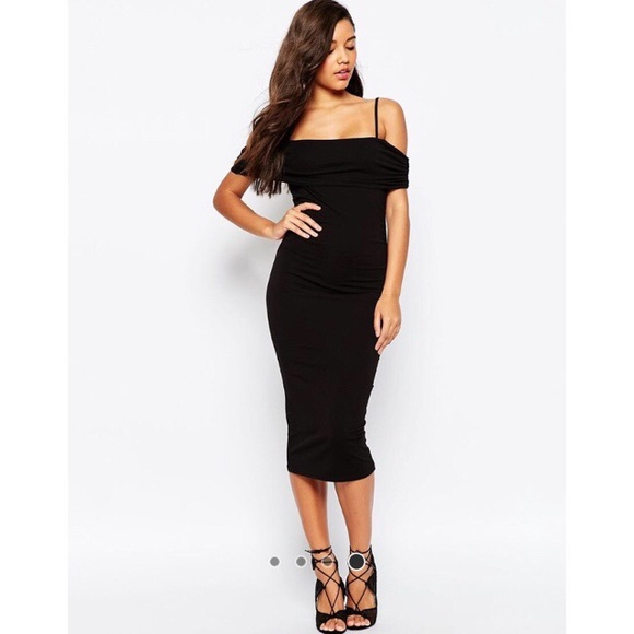 ASOS black off the shoulder midi bodycon dress