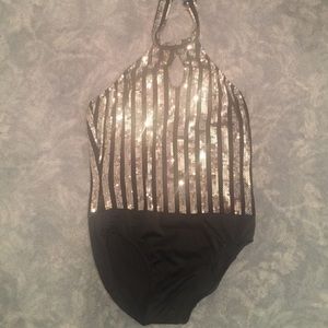 Silver/Black Sequin Halter bodysuit