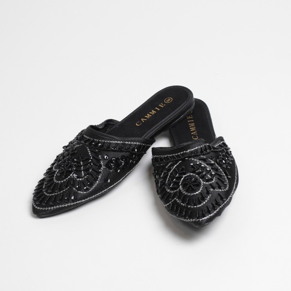 Black + Silver Pointy Toe Boho Indian Slippers - Picture 2 of 3