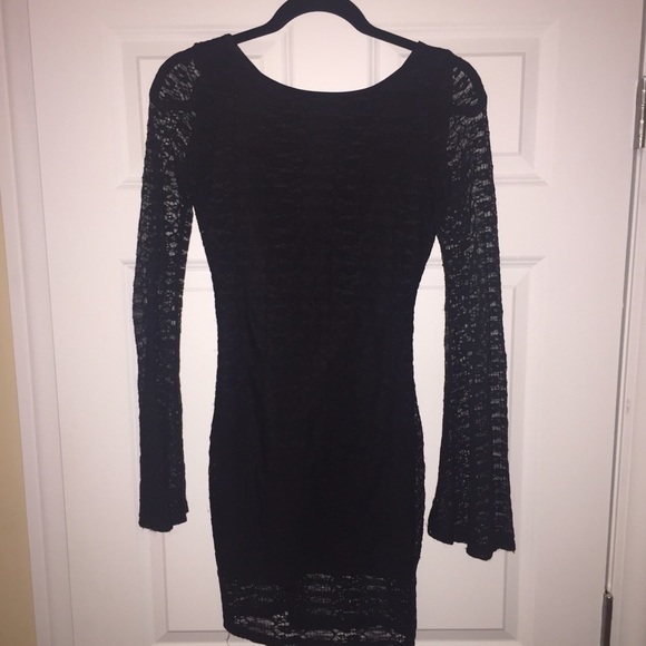 Black Lace Bodycon Dress w/ Flared Long Sleeves