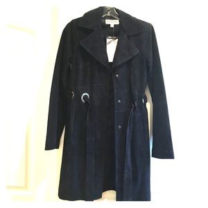 Navy Blue Suede Trench Coat