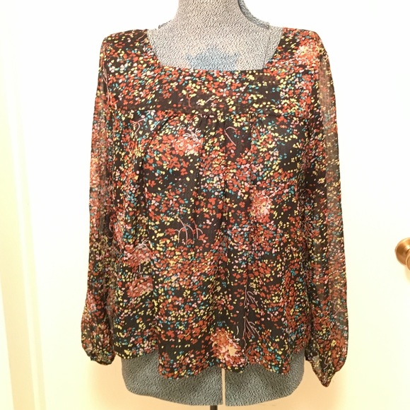 Brown print chiffon peasant top