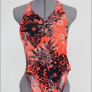 One piece bathing suit in red with black flowers