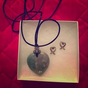 Jade heart pendant & sterling silver earrings