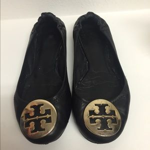 Tory Burch black flats, gold metal emblem