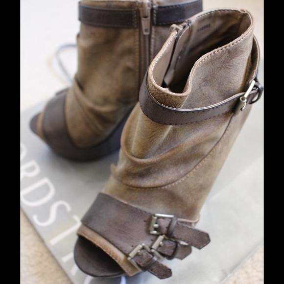 Taupe and Olive Peep Toe Ankle Booties Wedges