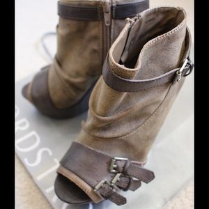 Taupe and Olive Peep Toe Ankle Booties Wedges