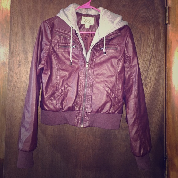 Maroon Faux Leather Coat with Sweatshirt Hood
