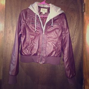 Maroon Faux Leather Coat with Sweatshirt Hood