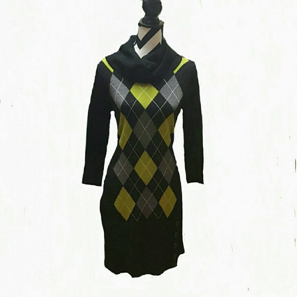 Argyle Sweater Dress with Cowl Neck