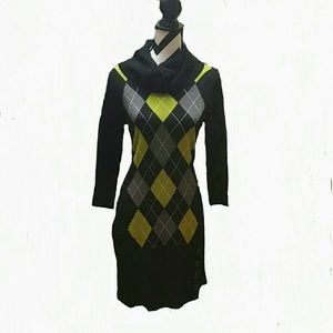 Argyle Sweater Dress with Cowl Neck