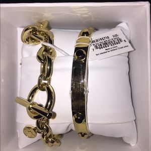 Gold MK Astor Buckle & Logo Padlock Bracelet Set