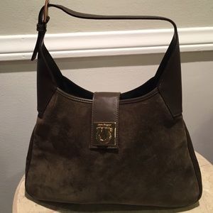 Olive green suede Ferragamo purse.