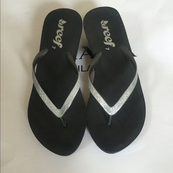 reef wedge flip flops silver