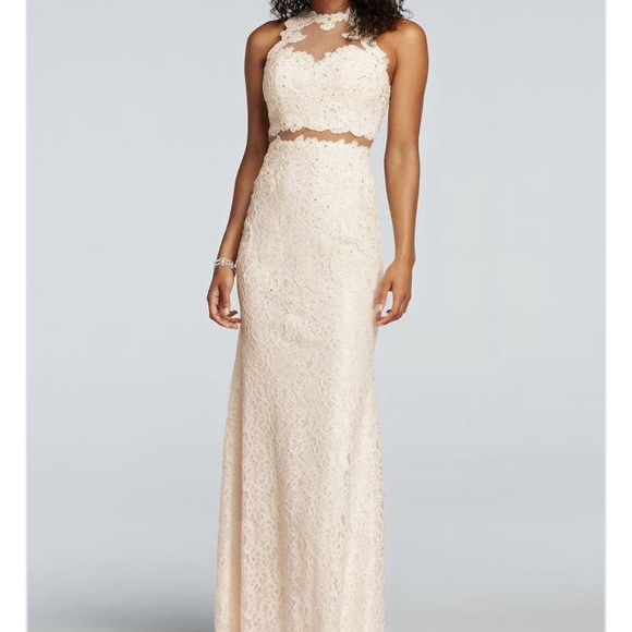 david's bridal champagne prom dress Davids Bridal Champagne Crepe-Back Satin Spaghetti Strap Dress, 4, style  F20095