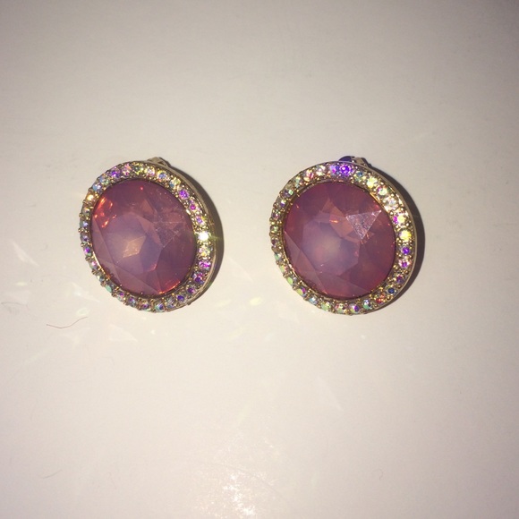 Gold round pink and clear stone clip on earrings
