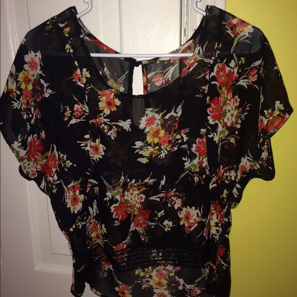 Black floral patterned see-through shirt