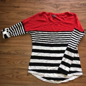 Black and White Striped Sweater with Red