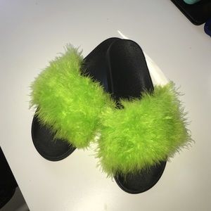 Faux fur slide sandals.Custom made lime green