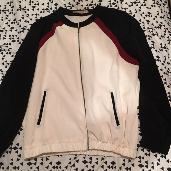 Navy blue, off white, red jacket!