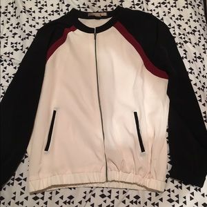 Navy blue, off white, red jacket!