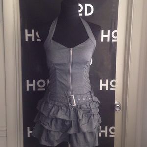 Denim dress with peplum bottom and belt