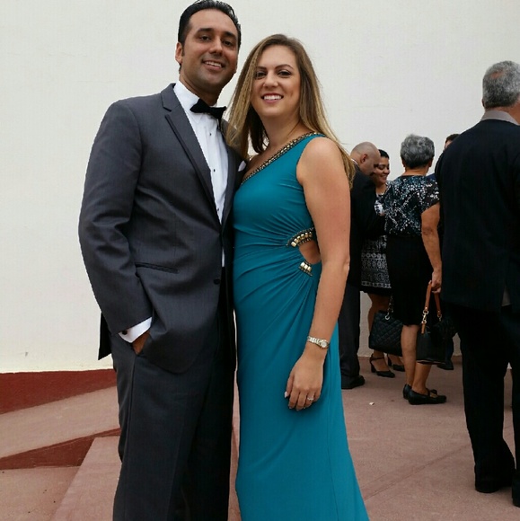 Gold embellished, one shoulder teal dress