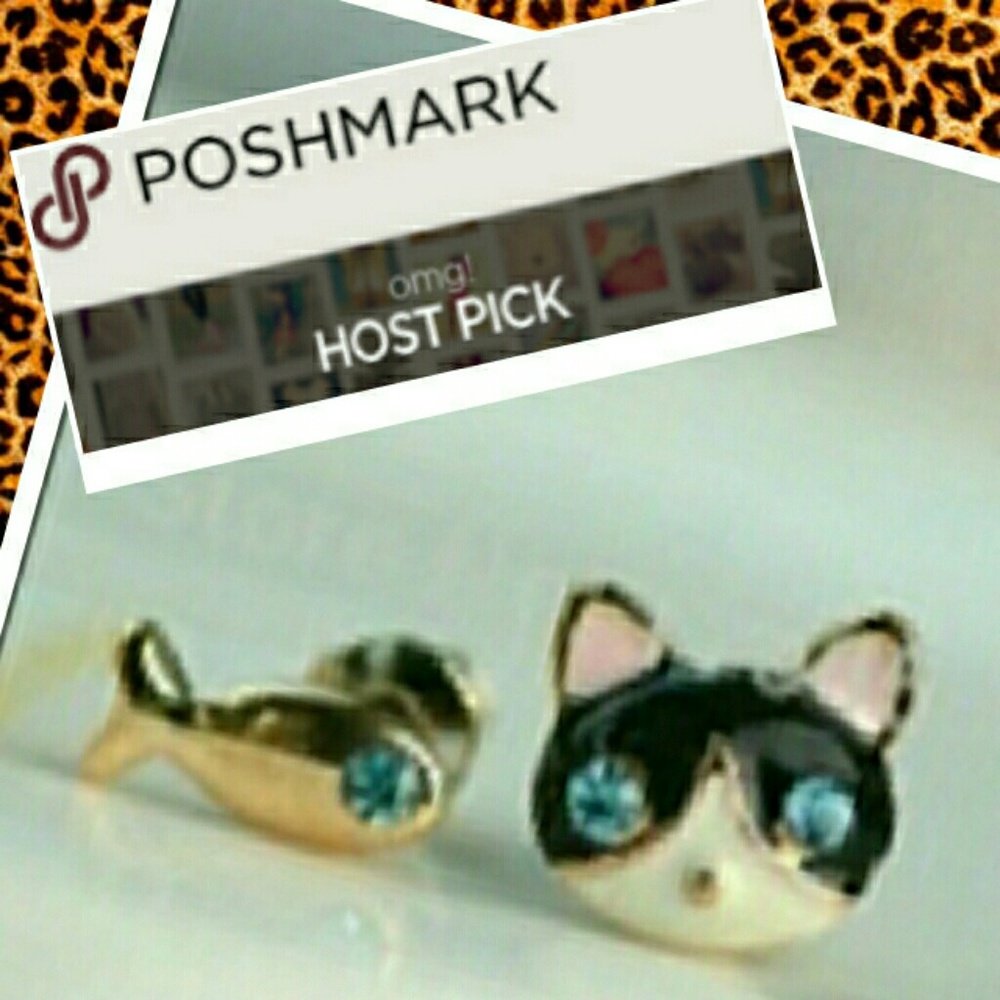 Cat and fish stud earrings